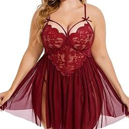 DVKA Creations Womens Plus Size Lace Floral Knee Length Babydoll Panty Nightwear Set-image-27