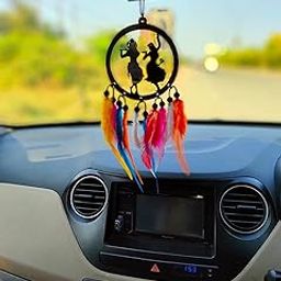 Radha Krishna Dream Catcher Hand Made for Positive Vibes, Wall Decor car Hanging Made with Acrylic Material of Multi Color Feathers-image-60