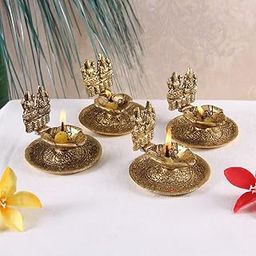 Lakshmi Ganesh Hand Diya Set of 4 pc in Metal Antique Gold Plated by Handicrafts Paradise-image-43