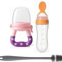 Joy Buzz Baby Food Dispensing Spoon Feeder Bottle 90ml and Fruit Feeder/Nibbler/Pacifier with Cleaning Brush Pack of 3 (YLO-Pink)-image-82