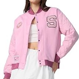 Sunbeam Women and Girls Long Sleeves Band Neck Button Front Pink Embroidered Cotton Blend Oversized Varsity Jackets-7