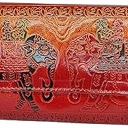 8" Leather Wallet Block Print Elephant-Brown-image-59