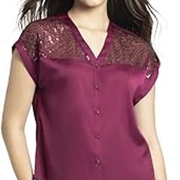 V-Neck Wine Embellished Drop Shoulder Sleeves Polyester-Blend Party Tops for Women-image-1