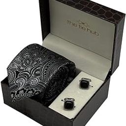 Black Silk Paisley Necktie with Black Cufflinks Combo for Men-image-56