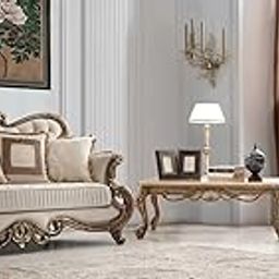 Luxury Victorian Living Room Set, 2-Piece Carved Wood Frame Sofa Set 3+1 Seater with Tufted Upholstery, Cream and Gold-14