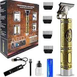 SHIVA SOLUTION T9 Vintage Professional Hair Trimmer for Men – Golden Metal Body, Cordless, 4 Guide Combs, USB Rechargeable,Men’s T9 Golden Metal Trimmer – Zero Gap Professional Beard & Hair Clipper with Guide Combs & Brush Plastic Gold-75