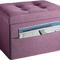 LINMAGCO Storage Ottoman Folding Foot Stool Foot Rest with Side Pocket Modern Ottoman with Storage Short Sofa Stool Linen Cloth 17x13x13(Purple)-image-4