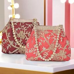 Kuber Industries Pack of 2 Potli Bags for Ladies & Girls | Women Shagun Pouches for Festive Seasons | Bridal Purse | Moti Embroidery- Maroon & Red-image-29