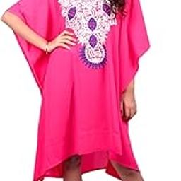 Women's Solid Short Kaftan – Embellished Neck | Beach Cover-Up | Free Size Fits M to 5XL | Resort Wear-image-90