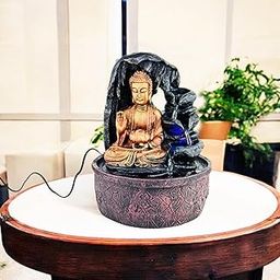 BIANCO Lord Buddha Waterfall Fountain with LED Lights & Adjustable Water Flow | Stress Relief & Positive Energy Décor | Polyresin Tabletop Fountain for Pooja Room, Meditation Home & Office Décor-11