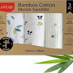 LuvLap 100% Bamboo Cotton Muslin Baby Swaddle Set, Pack of 3, Size-120cm x 100cm, Leaf, Butterfly, Abstract Print, 0-18 Month+, Printed Mulmul Muslin Swaddle Wrap for New Born Baby, Baby Towel-image-2