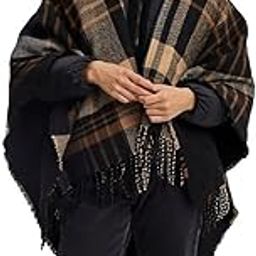 Women Checkered Polyester Blend Regular Fit Black Poncho-image-10