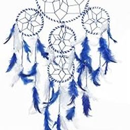 5 Tier (5 Rounds) Dream Catcher Wall Hanging Décor for Home Room Balcony Living Room for Positivity and Good Dreams (Blue & White)-image-27