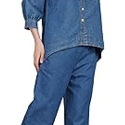Women's Denim Cotton Short Two Piece Set – Long Sleeve Button Down Shirt & Wide Leg Jeans, Casual Co-Ord Outfit | Collared Shirt & Relaxed Fit Pants | Single Pocket |-image-12