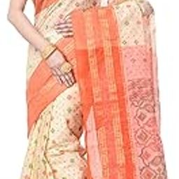 Women`s Bengali Tant Saree Pure cotton Saree Soft Handloom Cotton Sarees Jamdani Print Pure Cotton Saree For Women Designer sarees Without Blouse Piece (Orange)-88