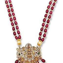 Traditional Lakshmi Pendant Set With Ruby,Emerald,Pink,Mint Monalisha Beads & Pearls Indian Ethnic Bridal | Goddess Ashtalakhmi Necklace | Double Layer | 22K Gold Plated-13
