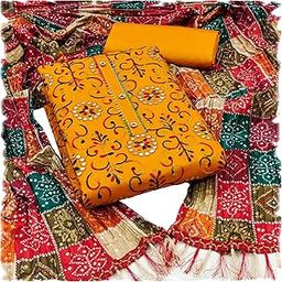Women's Cotton Blend Embroidery Work Unstitched Salwar Suit Dress Material With Bandhej/Bandhani Print Dupatta (Free Size)-image-40