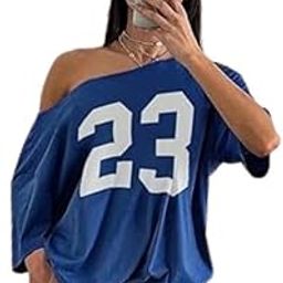 Women's Loose Asymmetrical Neck Navy Blue Number 23 Graphic Short Sleeve T-Shirt, Sporty & Punk Style, Summer-image-51