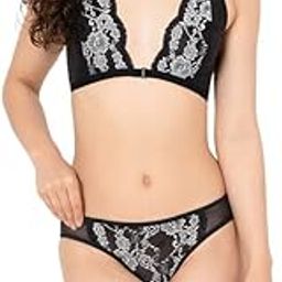 Women's Lace Non-Padded Non-Wired Demi Cup Front-Open Bra & Low Waist Bikini Panty in Black-image-9