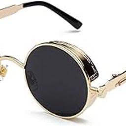 UV Protection Round Steampunk Unisex Sunglasses Polarized-Metal Lenses with Case (Free Size) (For Men & Women, Gold Black)-picture-12