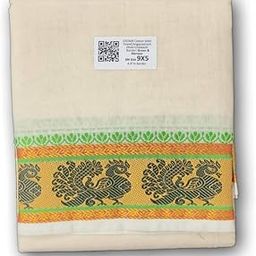 Men's Traditional Jacquard Dhoti of Peacock Border Unbleach Cream Dhoti Size Mulam 9X5 (or) 4.15 Mtr Dhoti with 2.30 Mtr Angavastram-33