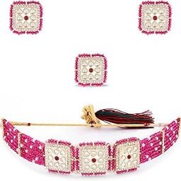 Dark Pink Dazzling Crsytal Multistrand Beaded Kundan Choker Necklace Earring & Ring Set For Women-ZPFK15656-image-23