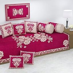 FRESH FROM LOOM Velvet Chenille Floral 500 TC Reversible Diwan Set Pink - 1 Single Bedsheet with 2 Bolster Covers and 5 Cushion Covers (8pc Set)-image-14