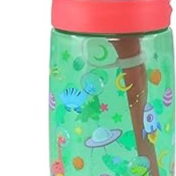 Smily Kiddos Sipper Bottle Flip Plastic Drink Bottle 450 ml - Dino Theme Green| Anti-Leak| cap lock design| Water Bottle for Kids and Toddlers|-image-1