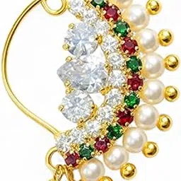 jewelopia Maharashtrian Nath CZ Nose Stud Traditional Bridal Wedding Jewellery Marathi AD Clip on Pearl Gold Plated Pressing Nath Nose Ring For Girls-picture-13