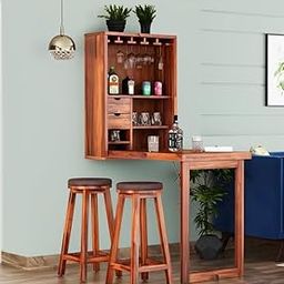 NO Bear Furniture Solid Wood Bar Cabinet with Folding Dining Table for Home | Wall Hanging Design Mini Bar & Table for Living Room (Natural)-image-26