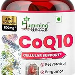 CoQ10 600mg Cellular Support Supplement with Resveratrol, Bergamot & Vitamin E - Heart Health & Energy Booster - Antioxidan 60 Caps-65