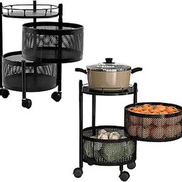Pack of 2 Storage Rack | 2-Layer Rotating Vegetable Kitchen Rack | Round Multipurpose Storage Trolley with Wheels | Metal Fruit Storage Rack | Kitchen Cabinet Spice Rack | Black-9