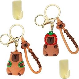 2 Pc Cute Keychain Realistic Animals Figurine Funny Calm Down Peaceful Capybara Kawaii Keychains Set along with Holder Accessories, Backpack Car Key Chain for Boy Girl - Brown-picture-49