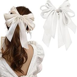 ANNACREATIONS Stylish Hair Bow Shiny Large French Big Bow with Pearls Hair Barrette Clip Pearls Hair Clip Hair Accessories Silk Bow Hairclip for Women & Girls Pack of 1 Pcs (White)-image-49
