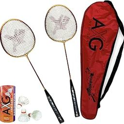 AXG NEW GOAL Thrasher Racquets with Feather shuttles Badminton Kit (Red Yellow), Iron-6