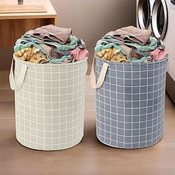 Kuber Industries (Pack of 2) Laundry Basket (60 LTR) Cotton Round Laundry Hamper (Check-Print) Clothes Storage Bag | Toy Storage Basket for Cloth | Foldable Laundry Bag | Light & Dark Grey-15