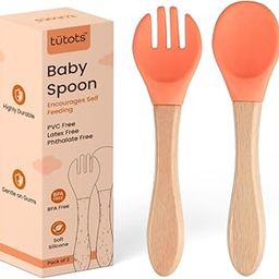 tütots Baby Spoon and Fork Set, Soft Silicone, Wooden Handle, BPA Free, Pack of 2 (Orange)-image-2