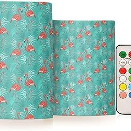 OURVII 2Pack Flamingo Palm Leaves Flameless Candles Set Remote Timers Pillar Candles for Home Bedroom Bathroom Outdoor Party Garden Ambient Lighting Kitchen Decoration-image-90