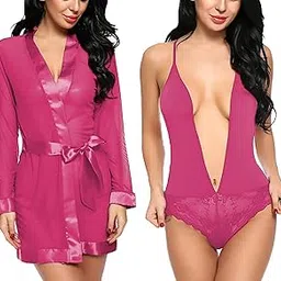 xs and os Women's Babydoll Lingerie Robe with Teddies Lace Lingerie (Combo)-picture-43