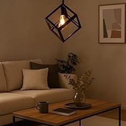 Modern Industrial Cube Pendant Light – Black Geometric Metal Hanging Lamp with E27 Socket & Adjustable Cord – Vintage Edison Bulb Fixture Living Room, Dining, Kitchen, Bedroom – 20x20 cm-image-96