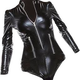 CLUB BOLLYWOOD PU Leather Bodysuit Long Sleeve PVC Zip Front Teddy Jumpsuit Top Catsuit S|Clothing Shoes & Accessories | Womens Clothing | Jumpsuits & Rompers|1 Piece Women Bodysuit-picture-10