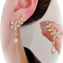Crawler Earrings For Women Cubic Zirconia Flower Drop Dangle Earrings For Sparkly Rhinestone Crystal Crawler Stud Curved Climber Cartilage Earrings With Tassel Chain for Bridal Wedding Jewelry-10