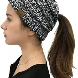 Slouchy Knit Beanie Hat Warm Soft Cable Skull Cap Slouchy Ponytail Beanie with Earflaps Winter Hat for Women/Kids Grey-image-120