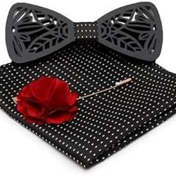 Men's Acrylic Wooden Bow Tie with Pocket Square & Flower Brooch - Pack of 3 (Mnsm-Wbpslpl7, Black)-image-27