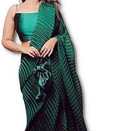 Women's Full Crushed/Pleated Satin Saree With Unstitched Blouse Piece-picture-36