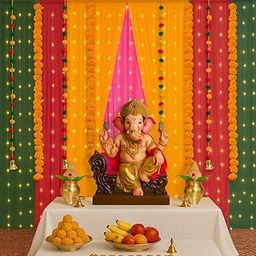 Party Propz Ganpati Decoration Setup for Home, Multicolor Backdrop Decorations with Marigold and Pom Pom Hangings, Fairy Lights, Janmashtami, Varalakshmi, Haldi, Backdrop Cloth for Decoration Pooja-picture-22
