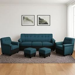 FURNY Woodswave 5 Seater Fabric 3+1+1+2 Puffy Sofa Set for Living Room (Teal-Black Color)-image-26
