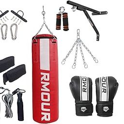 RMOUR Heavy PU Punching Bag Boxing MMA Sparring Punching Training with Hanging Chain and Heavy Duty Wall Mounted Stand, Gloves, Hand Wraps & Accessories (3 Feet, Unfilled - Red White)-image-41