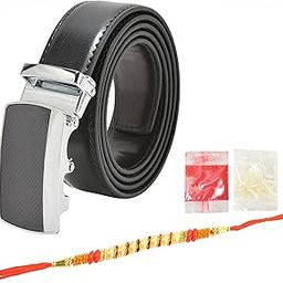 Perfect Rakshabandhan/Rakhi Gift Set For Brother -Includes Elegant Men's PU Leather Belt, Stylish Rakhi, Roli Chawal (Silver 12, 26" to 44" Waist Adjustable)-image-87