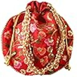 Rajasthani Style Royal Clutch Silk Batwa Bag Wristlets Embroidered Potli Bag With Floral Design, Pearl Handle, Traditional Drawstring Purse-image-11